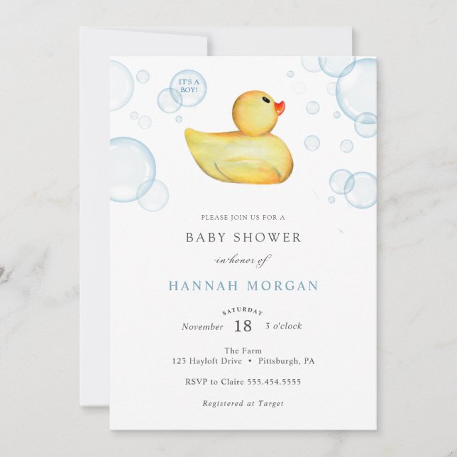 Invitación de Baby Shower a Rubber Duck (Anverso)