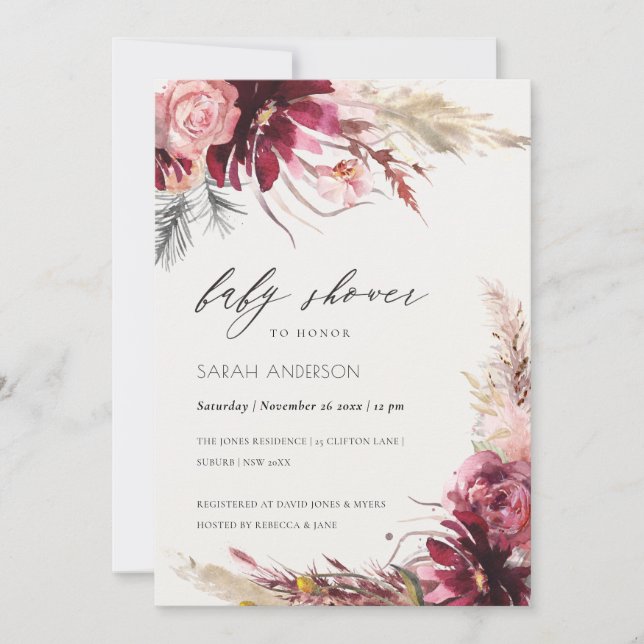 Invitación de Baby Shower a Rubor Pampas Grass en  (Anverso)
