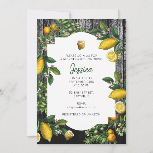 Invitación de Baby Shower a Rustic Citrus Garden (Anverso)