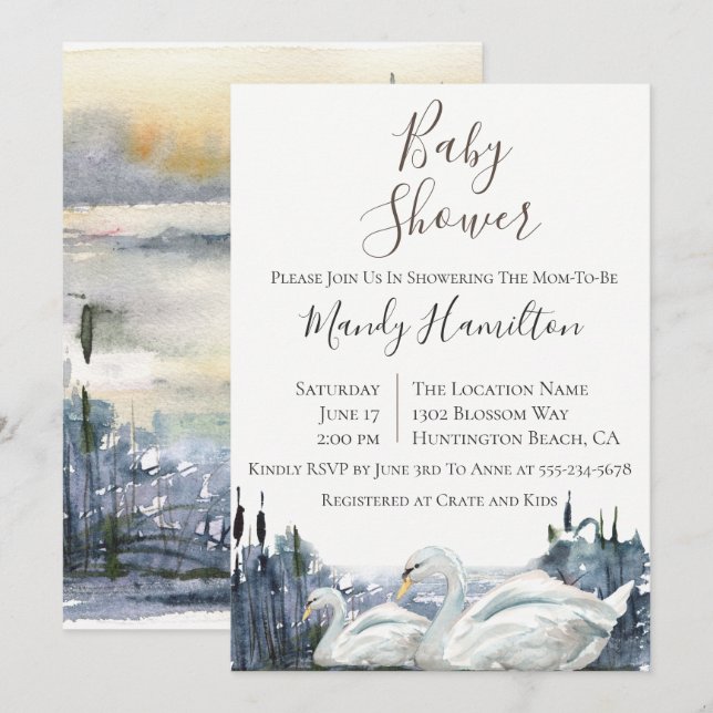 Invitación de Baby Shower a Rustic Swan Lake (Anverso / Reverso)