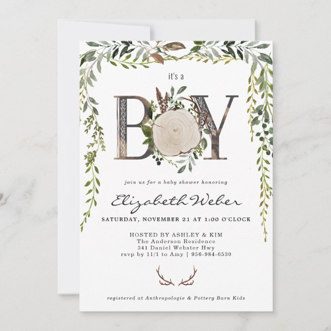 Invitación de Baby Shower a Rustic Wood Slice Gree (Anverso)