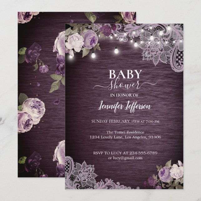 Invitación de Baby Shower a Rústico Morado Floral (Anverso / Reverso)