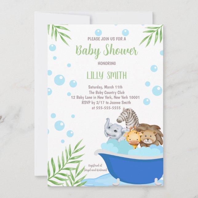 Invitación de Baby Shower a Safari Animals Bath Ti (Anverso)