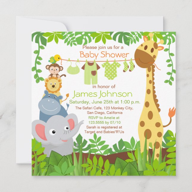 Invitación de Baby Shower a Safari Animals de la j (Anverso)