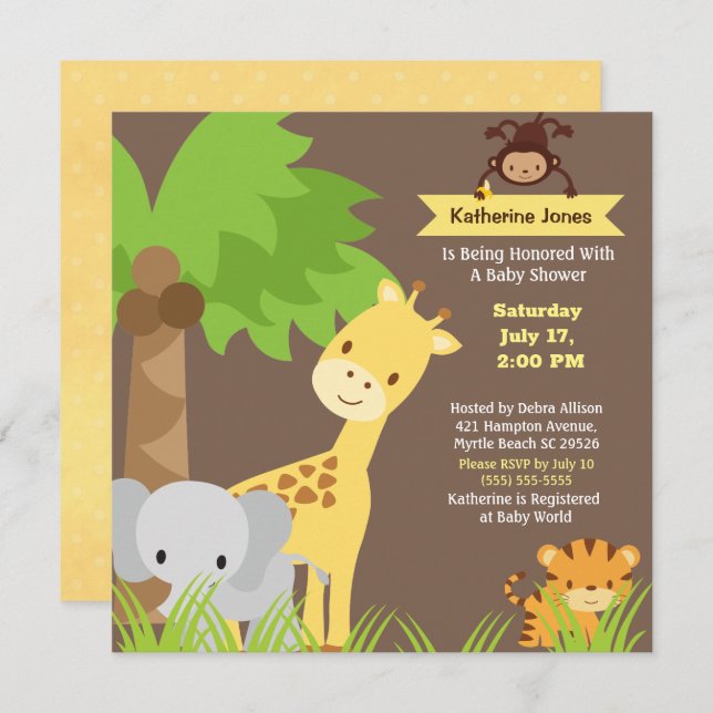Invitación de Baby Shower a Safari Animals de la j (Anverso / Reverso)