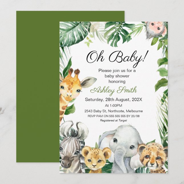 Invitación de Baby Shower a Safari Animals GreenEn (Anverso / Reverso)