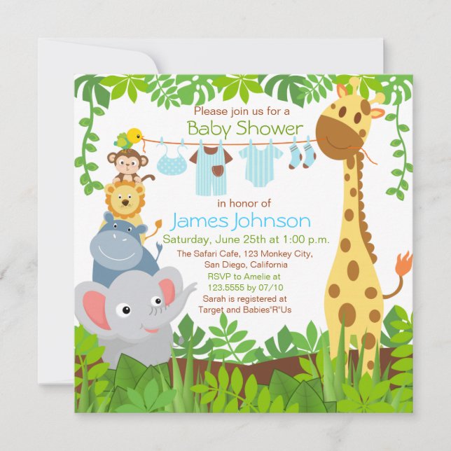 Invitación de Baby Shower a Safari Boy Animals Jun (Anverso)