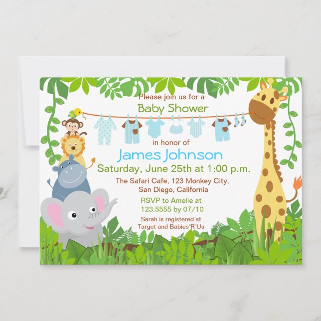Invitación de Baby Shower a Safari Boy Animals Jun (Anverso)