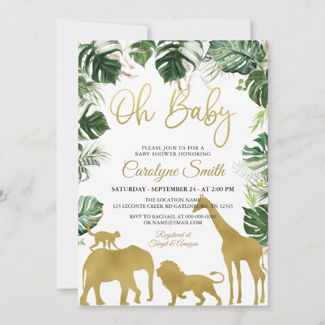 Invitación de Baby Shower a Safari Jungle Animals  (Anverso)