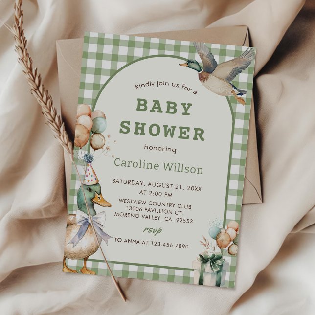 Invitación de Baby Shower a Sage Green Gingham Duc (Subido por el creador)