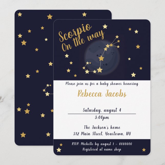 Invitación de Baby Shower a Scorpio zodiac (Anverso / Reverso)
