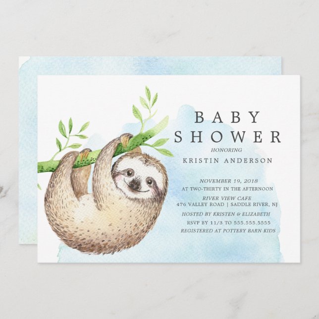 Invitación de Baby Shower a Sloth Adorable (Anverso / Reverso)