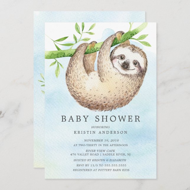 Invitación de Baby Shower a Sloth Adorable (Anverso / Reverso)