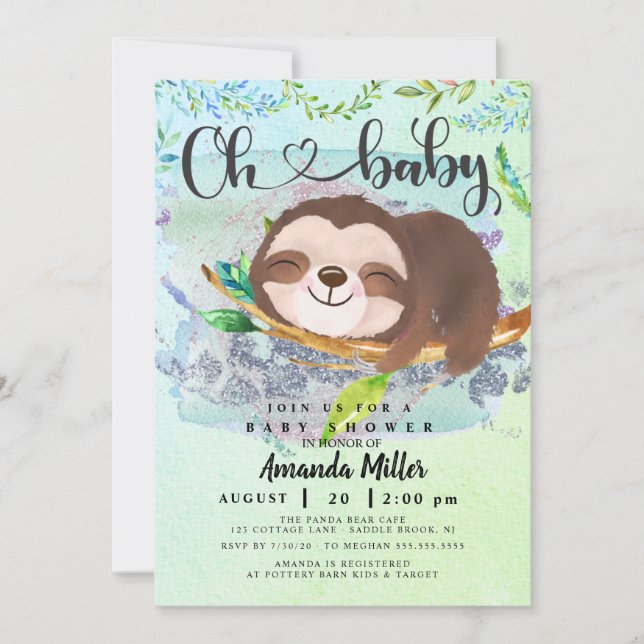Invitación de Baby Shower a Sloth Adorable (Anverso)