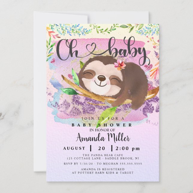 Invitación de Baby Shower a Sloth Adorable (Anverso)