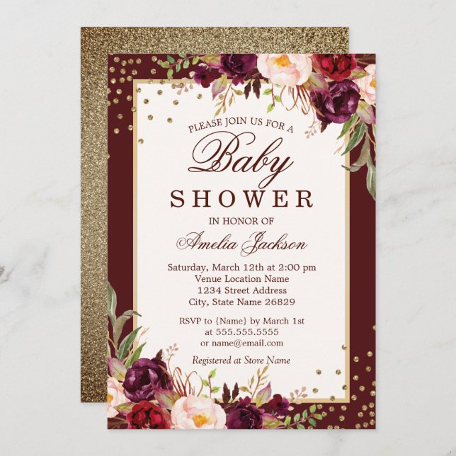 Invitación de Baby Shower a Sparkle con flores de  (Anverso / Reverso)