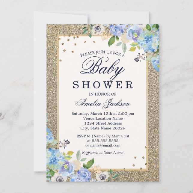 Invitación de Baby Shower a Sparkle floral Blue Go (Anverso)
