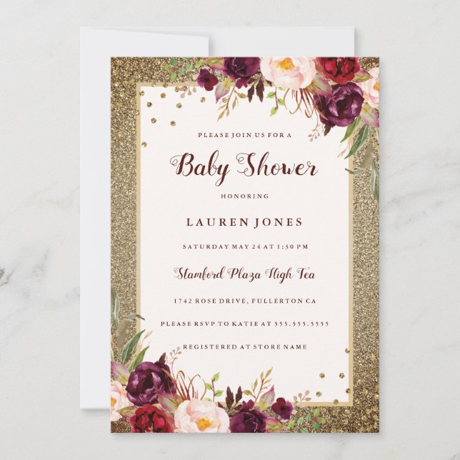 Invitación de Baby Shower a Sparkle Gold con flore (Anverso)