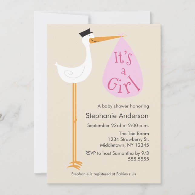 Invitación de Baby Shower a Stork moderno - Chica (Anverso)