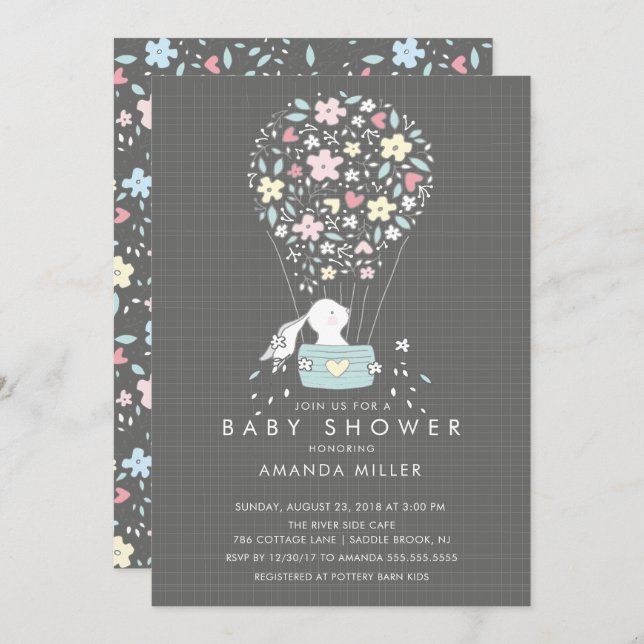 Invitación de Baby Shower a Sweet Bunny Hot Air Ba (Anverso / Reverso)