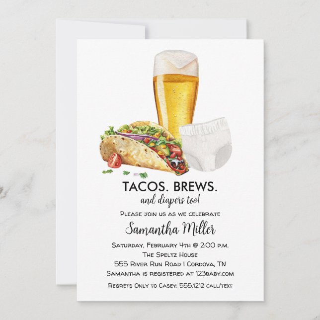 Invitación de Baby Shower a Tacos Brews and Diaper (Anverso)