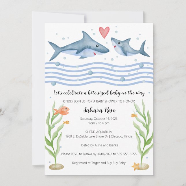 Invitación de Baby Shower a tiburón bajo el mar (Anverso)
