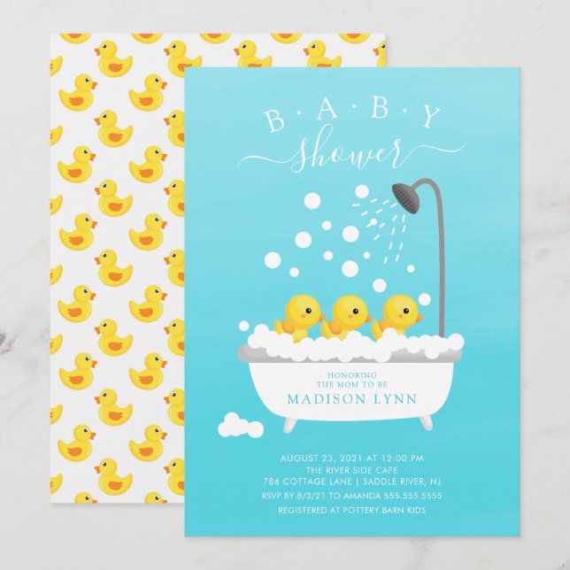 Invitación de Baby Shower a trillizos de pato de c (Anverso / Reverso)