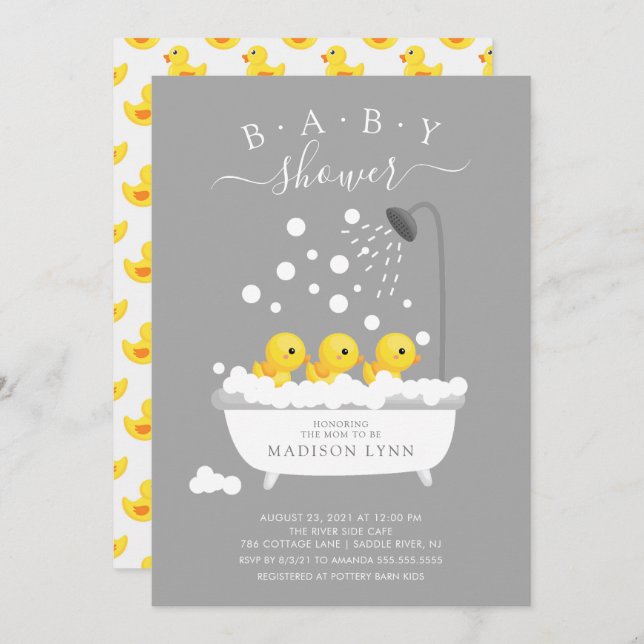Invitación de Baby Shower a trillizos de pato de c (Anverso / Reverso)