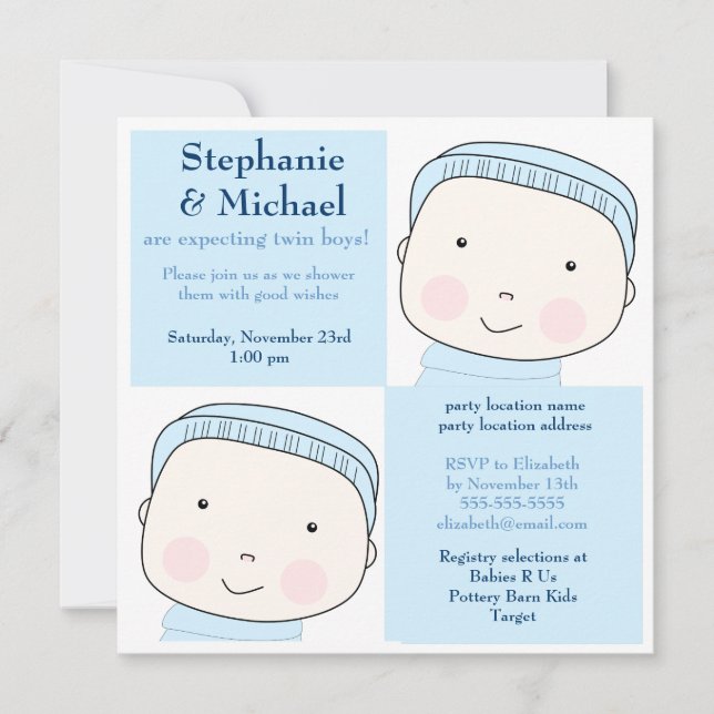 Invitación de Baby Shower a Twin Boy Blue Couples (Anverso)