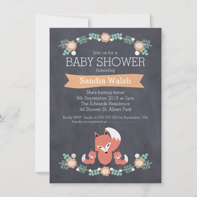 Invitación de Baby Shower a Twin Fox Neutral de Gé (Anverso)