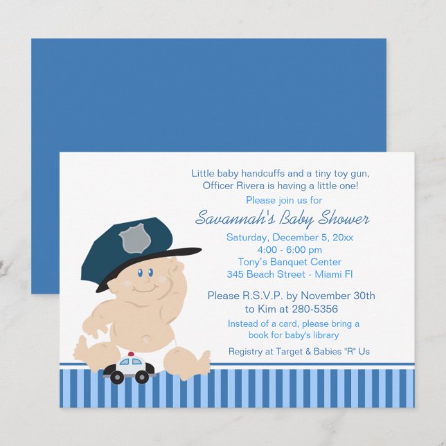 Invitación de Baby Shower a un agente de policía d (Anverso / Reverso)