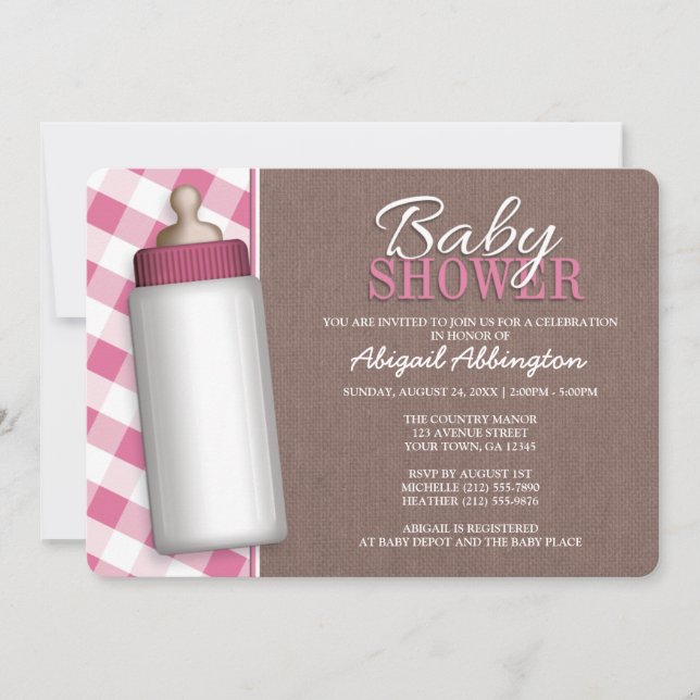 Invitación de Baby Shower a un bebé de Gingham ros (Anverso)