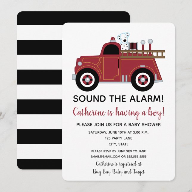 Invitación de Baby Shower a un camión de bomberos  (Anverso / Reverso)