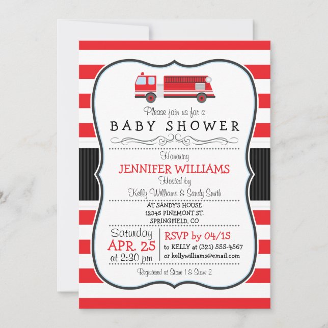Invitación de Baby Shower a un camión de bomberos (Anverso)