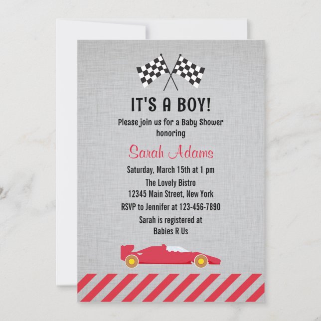 Invitación de Baby Shower a un coche de carreras d (Anverso)