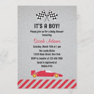Invitación de Baby Shower a un coche de carreras d