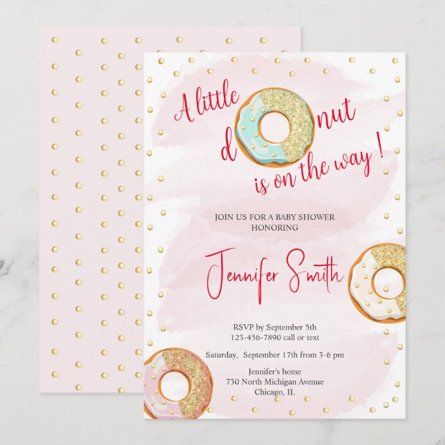 Invitación de Baby Shower a un donut rosado (Anverso / Reverso)