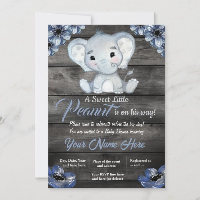 Invitación de Baby Shower a un elefante azul ruso (Anverso)