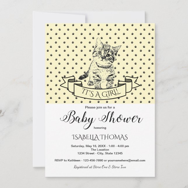 Invitación de Baby Shower a un Gatito Amarillo (Anverso)