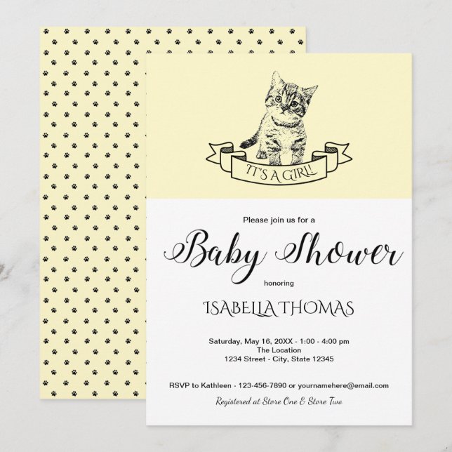 Invitación de Baby Shower a un Gatito Amarillo (Anverso / Reverso)