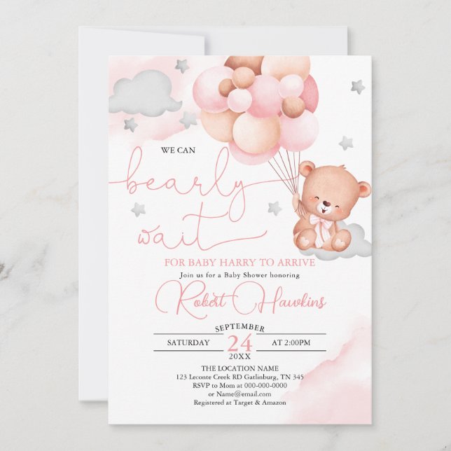 Invitación de Baby Shower a un globo rosa de Oso T (Anverso)