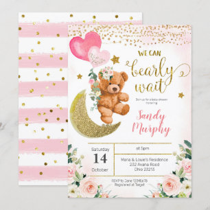 Invitación de Baby Shower a un globo rosa de Oso T
