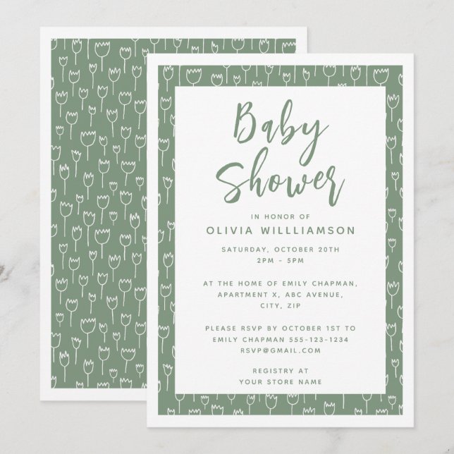 Invitación de Baby Shower a un guión verde moderno (Anverso / Reverso)