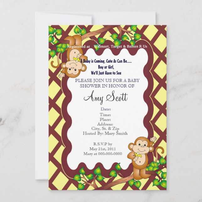 Invitación de Baby Shower a un mono que gira - Ama (Anverso)