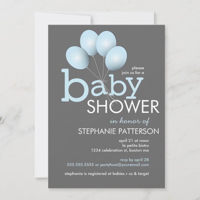 Invitación de Baby Shower a un niño con globo azul (Anverso)