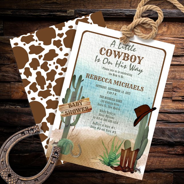 Invitación de Baby Shower a un niño pequeño chico  (Rustic Western "A Little Cowboy Is On His Way" Boy Baby Shower Invitation)
