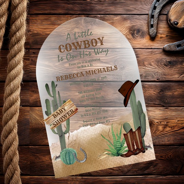 Invitación de Baby Shower a un niño pequeño chico  ("A Little Cowboy" Western Boy Baby Shower Arched Acrylic Invitation)
