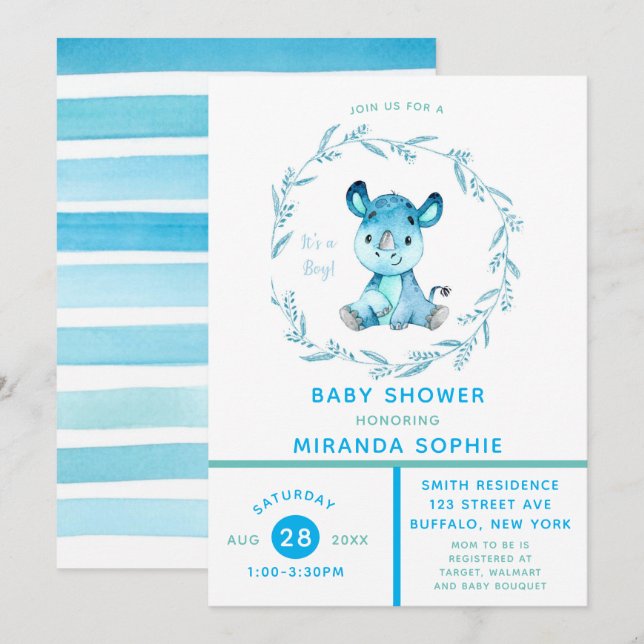 Invitación de Baby Shower a un niño rinoceronte de (Anverso / Reverso)
