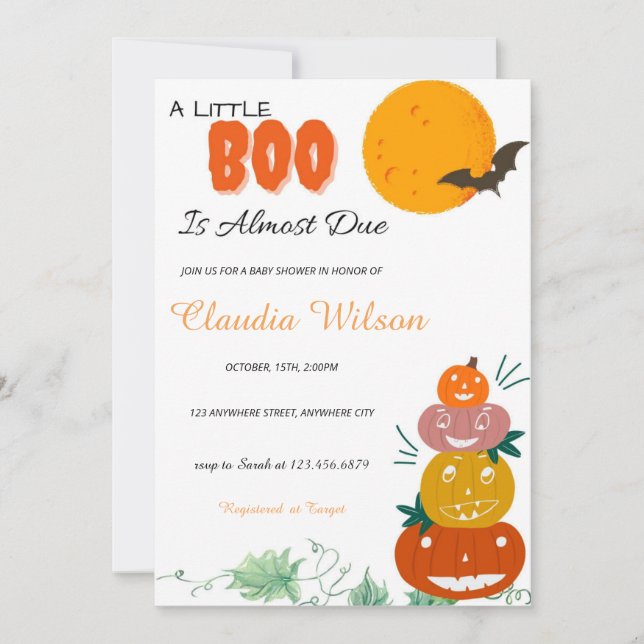 Invitación de Baby Shower a un pequeño Boo Hallowe (Anverso)