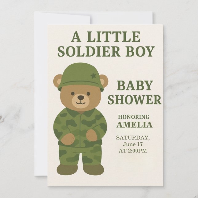 Invitación de Baby Shower a un pequeño soldado Ted (Anverso)